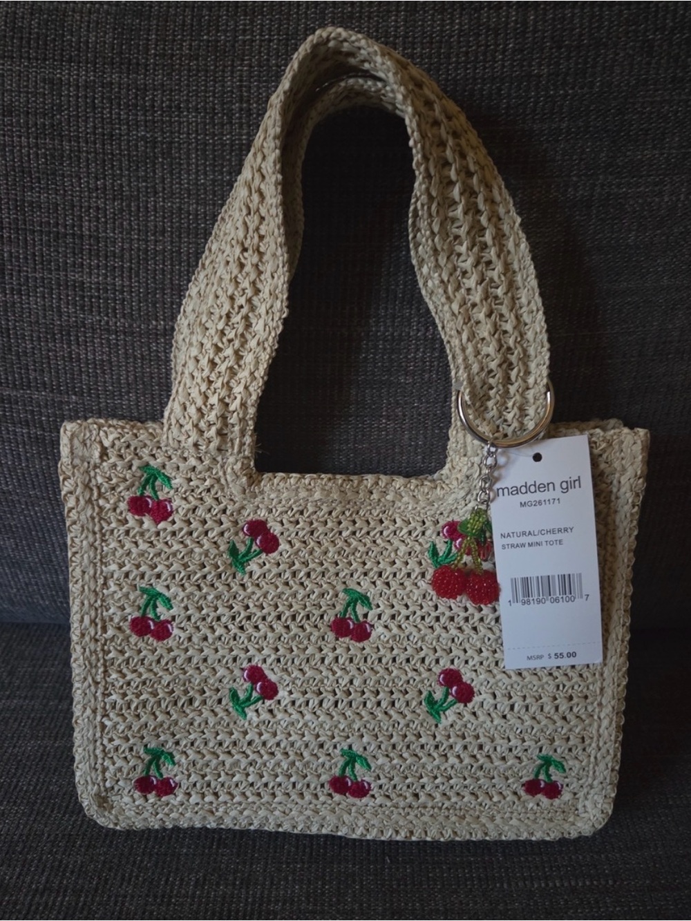 Madden Girl Natural Straw Mini Tote with Red Cherry Embroidery - Picture 6 of 7